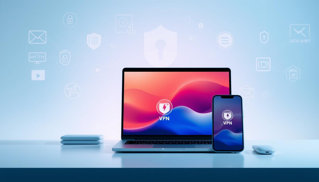 A well-lit and detailed digital illustration depicting the "Best Cheap VPN for Multiple Devices" on a sleek, minimalist desktop workspace. In the foreground, a modern laptop and smartphone are prominently displayed, showcasing VPN connection indicators. The middle ground features a clean, abstract background with geometric shapes and gradients in a cool color palette, hinting at the advanced technology powering the VPN service. The background subtly integrates icons and symbols representing data security, privacy, and cross-device connectivity. The overall composition conveys a sense of professionalism, reliability, and user-friendliness associated with the top VPN solution for multiple devices.