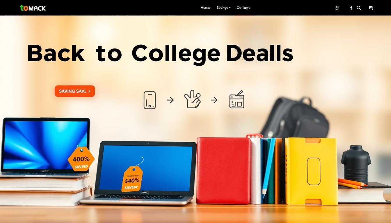 A neatly organized web page with a bold &amp;amp;amp;quot;Back to College Deals&amp;amp;amp;quot; header. In the foreground, a variety of back-to-school essentials like laptops, textbooks, and school supplies are showcased with vivid product photography, each accompanied by prominent discount tags. The middle ground features stylized icons and illustrations highlighting various categories of savings, from electronics to apparel. In the background, a soft, blurred gradient of warm colors creates a sense of depth and digital ambiance. The overall lighting is bright and diffused, accentuating the clean, modern aesthetic of the online shopping experience.