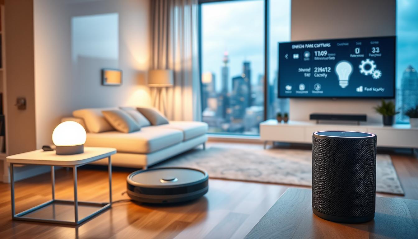 A sleek, modern living room filled with a variety of smart home devices. In the foreground, a voice-controlled smart speaker sits on a minimalist side table, its LED indicator glowing softly. Behind it, a wall-mounted touchscreen display showcases energy-efficient climate controls and home security options. In the middle ground, a robotic vacuum cleaner silently navigates the hardwood floor, while a smart light bulb casts a warm, ambient glow throughout the space. In the background, a large window overlooks a cityscape, reflecting the technological advancements of the smart home of the future.