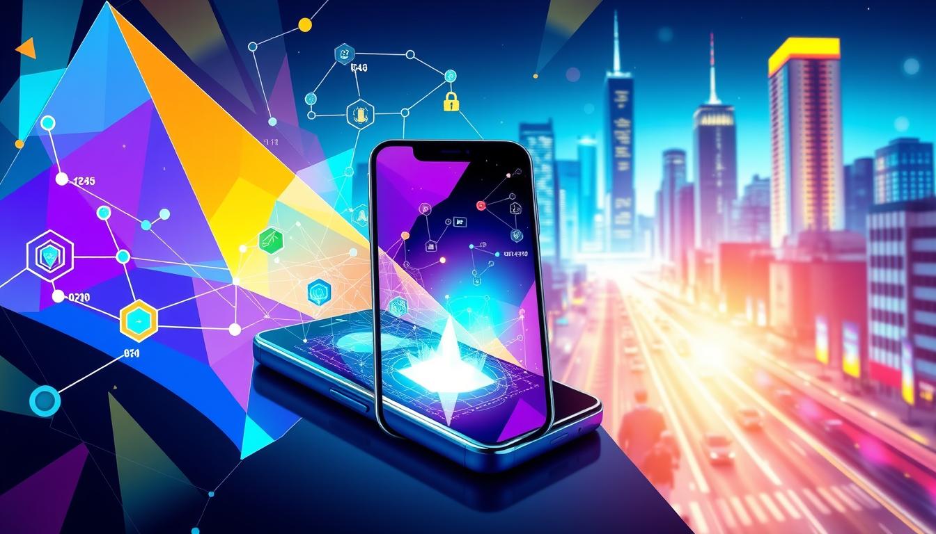 A vibrant, mobile-first blockchain ecosystem comes to life, with a sleek, futuristic interface glowing against a backdrop of geometric shapes and vibrant hues. In the foreground, a stylized smartphone display showcases the seamless integration of blockchain technology, reflecting the growing fusion of traditional finance and decentralized innovation. The middle ground features abstracted representations of blockchain nodes, cryptographic algorithms, and secure data transactions, all interconnected in a visually striking, yet functional composition. In the distance, a cityscape of towering skyscrapers and bustling streets suggests the widespread adoption and real-world applications of this mobile-centric blockchain revolution. The overall tone is one of technological progress, financial empowerment, and a vision for a truly mobile-first crypto economy.