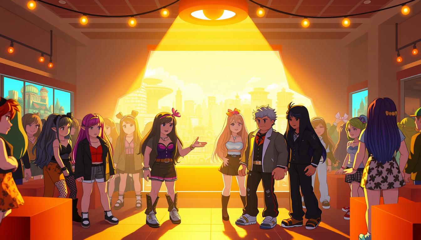A cozy and lively Roblox couples' fashion party, featuring a diverse ensemble of stylishly dressed avatars interacting and showcasing their unique outfits. The scene is bathed in warm, golden lighting, creating a welcoming and social atmosphere. The foreground is populated with animated figures posing and chatting, while the middle ground reveals a vibrant backdrop of colorful Roblox environments and structures. The overall composition conveys a sense of playful creativity, social engagement, and the playful exploration of digital identity and self-expression through the Roblox platform.