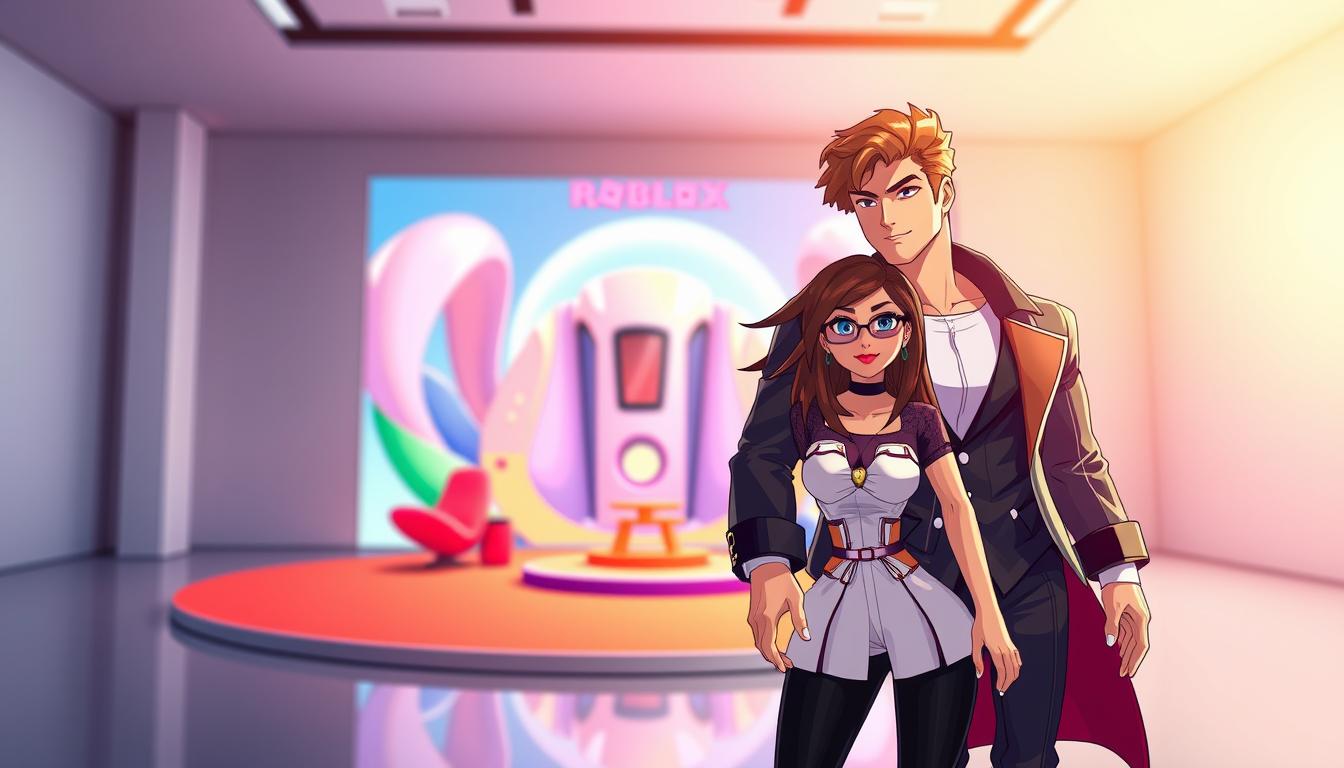 A stylish and contemporary couple's fashion design for the Roblox digital world. In the foreground, a well-dressed male and female avatar showcase their coordinated outfits, exuding a sense of playfulness and flair. The middle ground features a vibrant, futuristic Roblox-style environment, with abstract shapes and vibrant colors. In the background, a sleek, minimalist studio setting, with soft lighting and a clean, modern aesthetic. The lighting is warm and diffused, highlighting the intricate details of the fashion designs. The composition is balanced, with the avatars positioned prominently, allowing the viewer to appreciate the creative fashion choices. An overall atmosphere of digital style and virtual self-expression.