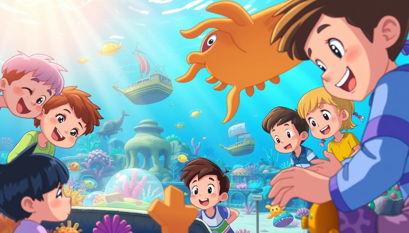 A colorful and whimsical scene of children playing and exploring the underwater world of Ocean Kids Back to School game. In the foreground, a group of diverse children, their faces filled with wonder and excitement, interact with vibrant sea creatures and interactive learning elements. The middle ground showcases the game's imaginative environments, with coral reefs, sunken ships, and bioluminescent plants creating a captivating, immersive experience. The background is a serene, azure seascape, with shafts of sunlight filtering through the water, evoking a sense of discovery and learning. The lighting is soft and natural, creating a warm, inviting atmosphere that encourages creativity and engagement. The overall composition is dynamic and engaging, capturing the spirit of the game and its educational objectives.