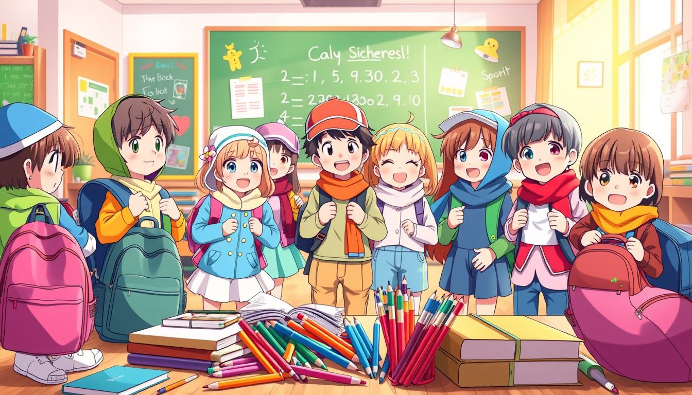 A vibrant, playful scene of children happily dressing up in a variety of school-themed costumes and accessories. The foreground features a group of excited kids trying on colorful backpacks, hats, scarves, and other playful outfits, their faces alight with joy and imagination. In the middle ground, a diverse array of school supplies - pencils, books, markers - are scattered about, creating a sense of educational playfulness. The background depicts a cheerful classroom setting, with colorful walls, a chalkboard, and educational posters, all bathed in warm, natural lighting that enhances the cozy, welcoming atmosphere. The overall mood is one of pure delight, showcasing the benefits of school-themed dress-up play for children's development, creativity, and social interaction.