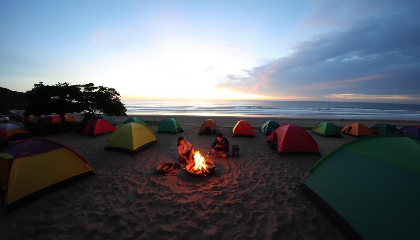 Area camping di Pantai Batu Bengkung Malang dengan tenda dan pemandangan laut