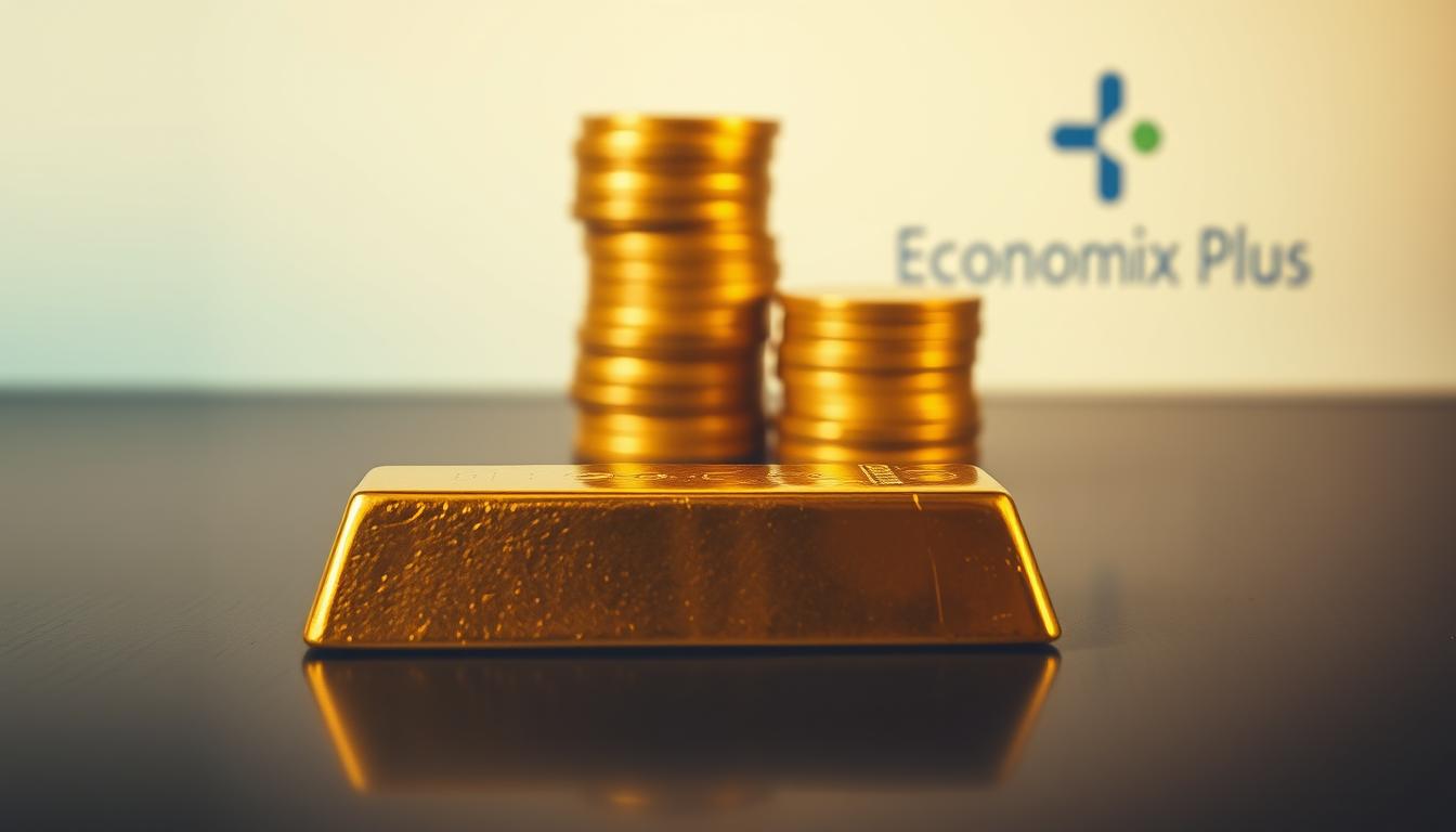 A detailed gold bar placed prominently in the foreground, reflecting warm, natural lighting. In the middle ground, a stack of gold coins, their gleaming surfaces catching the light. The background features a clean, minimalist setting, with a subtle Economix Plus logo discreetly visible, conveying a sense of high-end financial services. The overall scene evokes a feeling of wealth, stability, and precision, perfectly capturing the theme of "Paying Too Much for Gold".