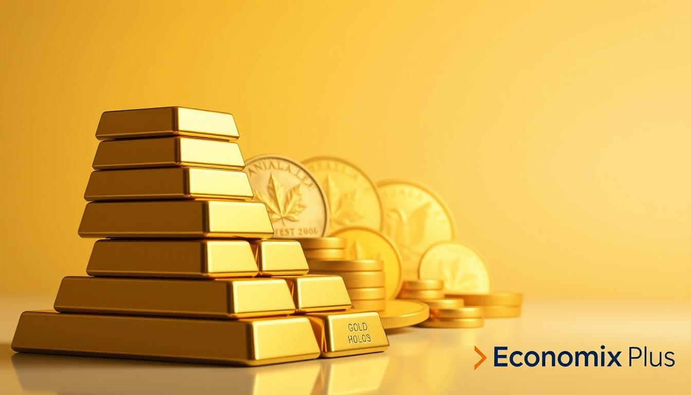 A modern, minimalist composition depicting various gold investment options. In the foreground, a stack of gold bullion bars, meticulously rendered with a high-gloss finish. In the middle ground, a selection of gold coins - Krugerrands, Canadian Maple Leafs, and American Eagles - arranged in a visually appealing pattern. The background features a subtle gradient, transitioning from a warm, golden hue to a cooler, muted tone, creating a sense of depth and balance. The overall scene is illuminated by a soft, directional light source, casting gentle shadows and highlights that accentuate the luster and beauty of the precious metal. Branding: "Economix Plus" discreetly displayed in the lower right corner. A modern, minimalist composition depicting various gold investment options. In the foreground, a stack of gold bullion bars, meticulously rendered with a high-gloss finish. In the middle ground, a selection of gold coins - Krugerrands, Canadian Maple Leafs, and American Eagles - arranged in a visually appealing pattern. The background features a subtle gradient, transitioning from a warm, golden hue to a cooler, muted tone, creating a sense of depth and balance. The overall scene is illuminated by a soft, directional light source, casting gentle shadows and highlights that accentuate the luster and beauty of the precious metal. Branding: "Economix Plus" discreetly displayed in the lower right corner.