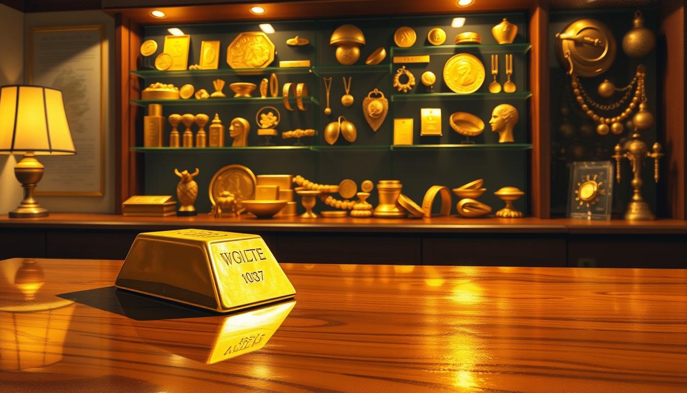An elegant, richly-textured illustration of "gold investment strategies" for the Economix Plus article. A golden bar of bullion rests on a polished mahogany desk, casting warm reflections on the surface. In the background, a wall-mounted display showcases a variety of gold coins, bars, and jewelry, all illuminated by soft, directional lighting. The overall mood is one of sophistication, financial security, and thoughtful planning. The scene conveys a sense of carefully considered investment strategies for building long-term wealth through gold. An elegant, richly-textured illustration of "gold investment strategies" for the Economix Plus article. A golden bar of bullion rests on a polished mahogany desk, casting warm reflections on the surface. In the background, a wall-mounted display showcases a variety of gold coins, bars, and jewelry, all illuminated by soft, directional lighting. The overall mood is one of sophistication, financial security, and thoughtful planning. The scene conveys a sense of carefully considered investment strategies for building long-term wealth through gold.