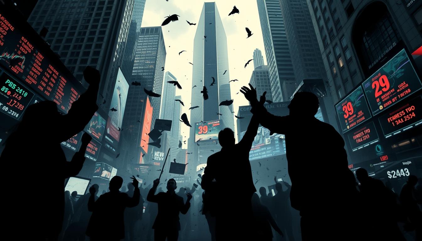 A chaotic, yet captivating scene of market volatility unfolds in the "Economix Plus" financial district. In the foreground, a flurry of silhouetted traders frantically gesture and shout, their faces obscured by the intensity of the moment. The middle ground is a swirling sea of stock tickers and candlestick charts, reflecting the rapid fluctuations in prices. In the background, towering skyscrapers loom, their windows casting an ominous glow over the turbulent proceedings. The lighting is dramatic, with sharp contrasts between light and shadow, emphasizing the high-stakes tension. The camera angle is low, giving a sense of being immersed in the heart of the action, capturing the volatility and uncertainty that characterize the markets.