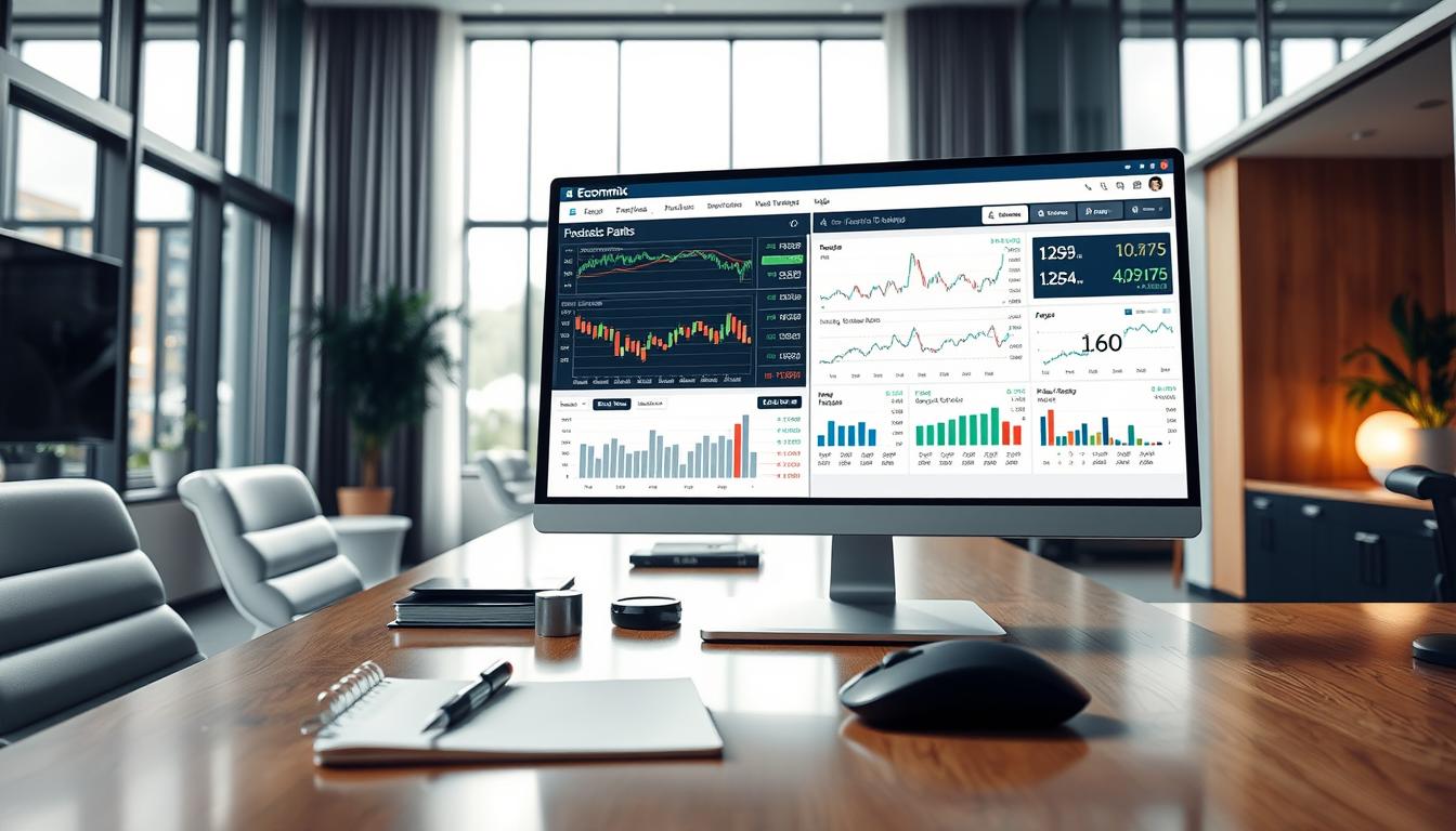 How to Maintain Your Stock Investments During Unstable Times -EconoMix Plus A detailed portfolio analysis displayed on a sophisticated Economix Plus dashboard. In the foreground, a modern computer monitor shows comprehensive stock data, financial charts, and investment performance metrics. The middle ground features a stylish desk with a tactile mouse, pen, and notebook, hinting at the analytical work required. In the background, sleek office decor and floor-to-ceiling windows create a professional, well-lit ambiance. The overall scene conveys a sense of informed, data-driven investment management during times of market volatility.