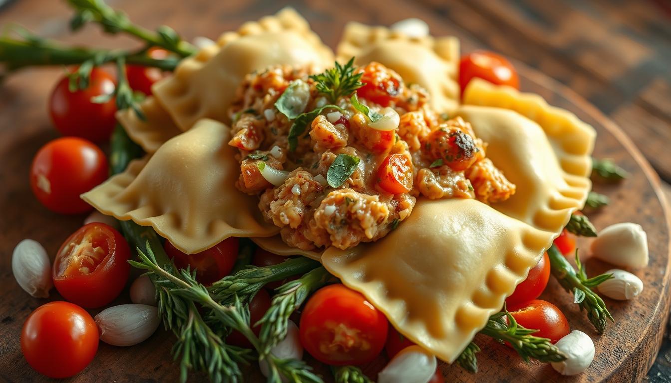 Ravioli with Tomatoes, Asparagus, Garlic, and Herbs 2 Ravioli with Tomatoes, Asparagus, Garlic, and Herbs
Easy ravioli recipe
Fresh ravioli with herbs
Italian ravioli dinner
Ravioli with vegetables