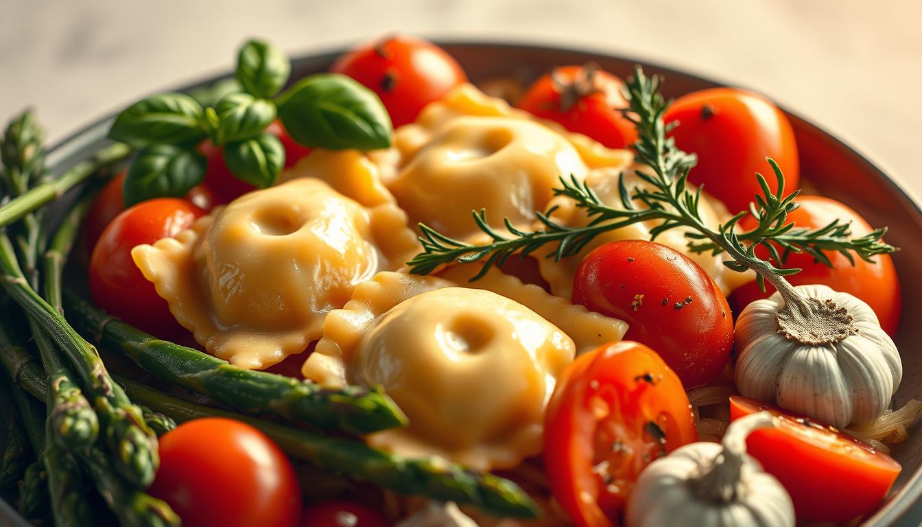 Ravioli with Tomatoes, Asparagus, Garlic, and Herbs 4 Ravioli with Tomatoes, Asparagus, Garlic, and Herbs
Easy ravioli recipe
Fresh ravioli with herbs
Italian ravioli dinner
Ravioli with vegetables