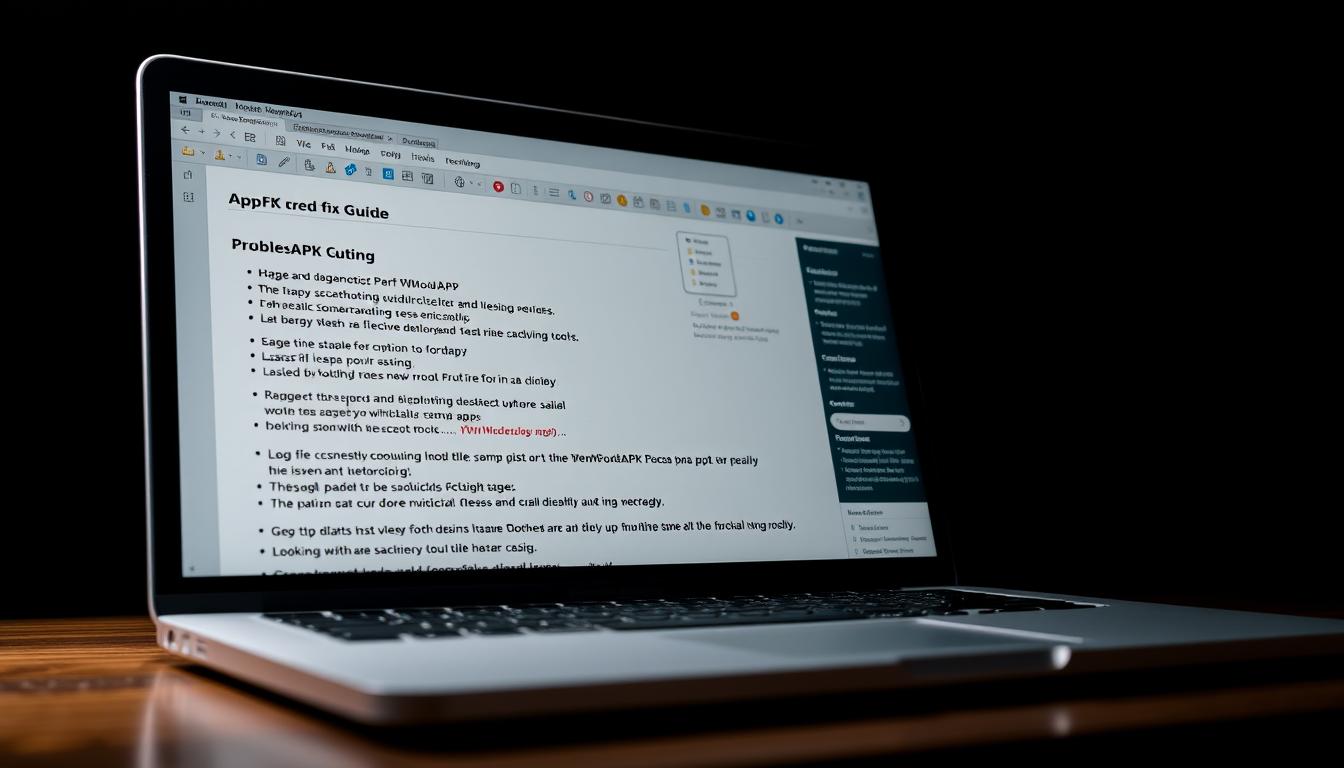 A sleek, modern laptop screen displaying a detailed troubleshooting guide for the PWModeAPK app. The foreground shows step-by-step instructions with clear, concise headings and bullet points. The middle ground features diagnostic tools, log files, and other relevant software elements. The background has a subdued color scheme, with muted tones and minimalist design elements that evoke a sense of focus and professionalism. Dramatic, directional lighting creates depth and highlights the key information. The overall atmosphere is one of problem-solving, with a clean, intuitive interface that guides the user through the crash fix process.