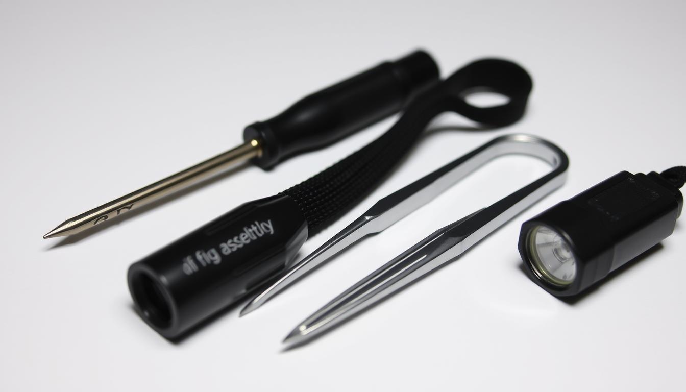 A neatly arranged assortment of essential tools for PC assembly, including a Phillips screwdriver, a pair of precision tweezers, a static-free wrist strap, and a small flashlight, all set against a clean, well-lit background. The tools are presented in a visually pleasing, symmetrical composition, conveying a sense of organization and preparedness for the task at hand. The lighting is soft and even, highlighting the metallic sheen of the tools and creating a professional, technical atmosphere. The camera angle is slightly elevated, giving the viewer a clear, unobstructed view of the tools and creating a sense of focus and attention to detail.