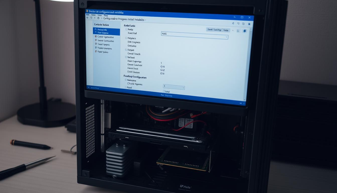 A desktop computer with its components clearly visible, including the motherboard, RAM modules, and hard drives. The screen displays a configuration management interface, with various settings and options available. The desk is well-organized, with a few essential tools nearby, conveying a sense of a professional workspace dedicated to system maintenance and backup processes. Soft, indirect lighting creates a calm, focused atmosphere, emphasizing the importance of the task at hand. The composition highlights the intricate details of the computer's internals, as well as the user's attention to the backup configuration interface, capturing the essence of the "Backup de Configurações e Programas Instalados" section.