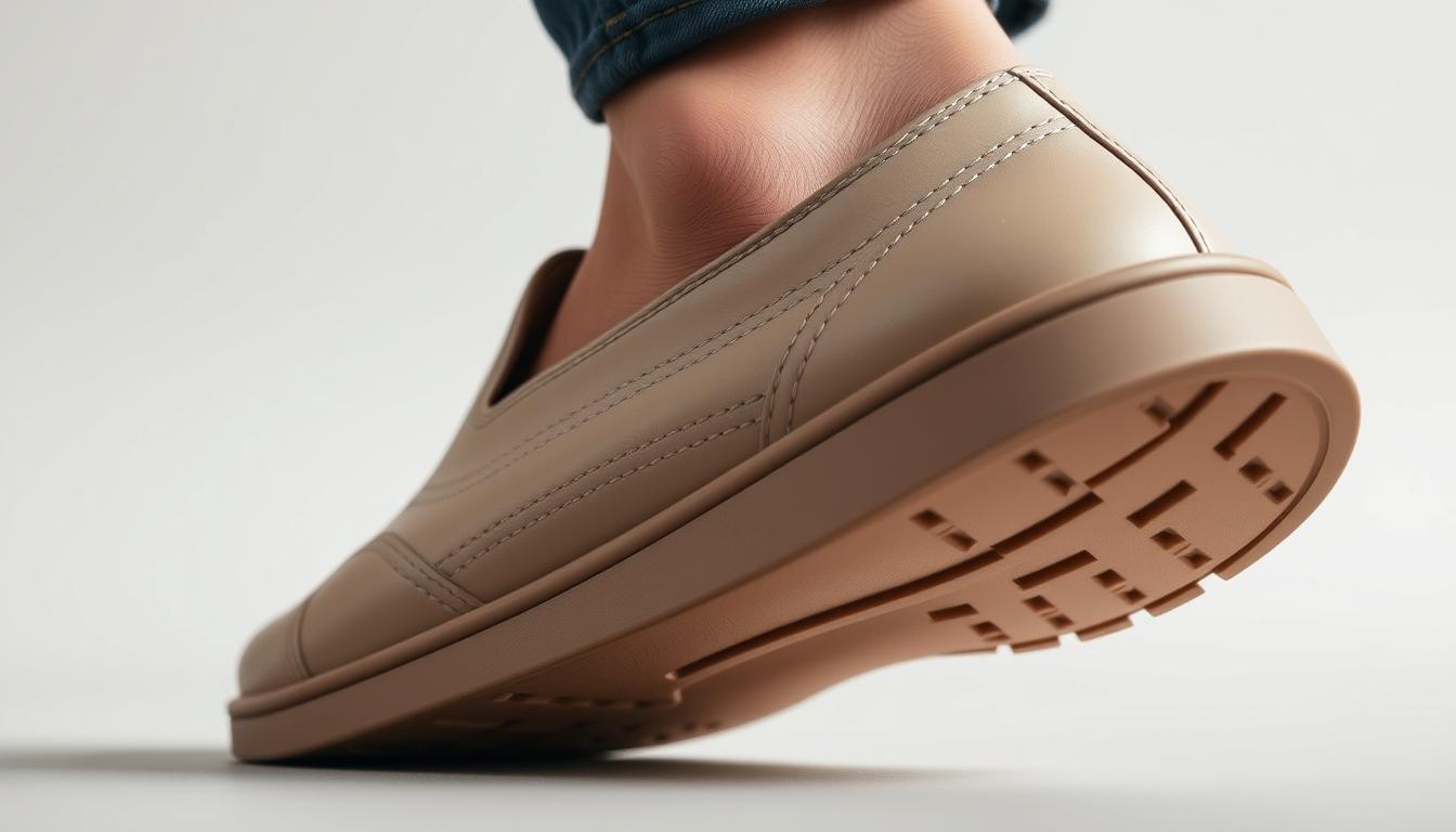 A close-up image of the key features of a high-quality shoe, photographed in natural light against a clean, neutral background. The shoe's sleek, minimalist design showcases its smooth, supple leather upper, sturdy yet flexible sole, and impeccable stitching. The camera captures the shoe from multiple angles, highlighting the comfortable, supportive contours of the heel and arch, as well as the subtle texture and sheen of the materials. The overall mood is one of understated elegance and attention to craftsmanship, conveying the essence of what makes a shoe truly exceptional.
