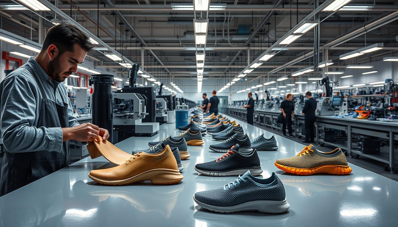A gleaming factory floor, illuminated by soft, diffused lighting, showcases the latest innovations in shoe manufacturing. In the foreground, a skilled artisan carefully shapes and molds a supple leather upper, their hands moving with practiced precision. Behind them, advanced machinery whirs, cutting, stitching, and assembling components with robotic efficiency. In the middle ground, a display of prototypes highlights cutting-edge designs, featuring sleek silhouettes, vibrant colors, and novel materials like recycled plastics and sustainable textiles. In the background, a panoramic view of the factory reveals the scale of the operation, with rows of workstations and a team of dedicated engineers overseeing the meticulous process. The overall atmosphere conveys a sense of innovation, craftsmanship, and a relentless pursuit of perfection in the ever-evolving world of footwear design.