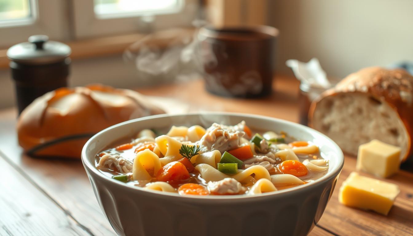 Turkey Soup Recipe: 8 Healthy Twists You’ll Absolutely Love 2 A comforting scene of homemade turkey noodle soup, steam gently rising from the bowl. In the foreground, thick egg noodles nestle among tender chunks of turkey, carrots, celery, and onions in a rich, savory broth. The middle ground features a wooden table, with a fresh loaf of crusty bread and a pat of melting butter nearby, inviting the viewer to dive in. The background is softly blurred, conveying a cozy, domestic atmosphere lit by warm, diffused natural lighting from a nearby window. This hearty, satisfying soup evokes feelings of nostalgia and wholesome nourishment.
