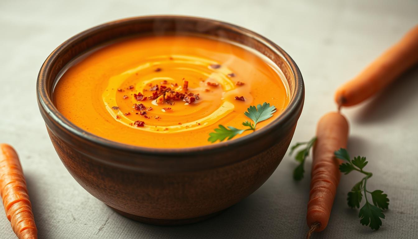 Carrot Soup Recipe: 6 Quick Ways to Make It Healthier 2 A vibrant, steaming bowl of spicy carrot ginger soup, the rich, orange liquid swirling with specks of freshly grated ginger and a sprinkle of chili flakes. The creamy, velvety texture is accentuated by the warm, earthy aroma wafting upwards, enticing the senses. A drizzle of fragrant olive oil glistens on the surface, complementing the bold flavors. Garnished with a few tender, julienned carrots and a sprig of fresh cilantro, the soup is presented in a rustic, earthenware bowl, set against a neutral, minimalist background that allows the vibrant colors to take center stage. Warm, comforting lighting casts a gentle glow, creating an inviting and appetizing scene.