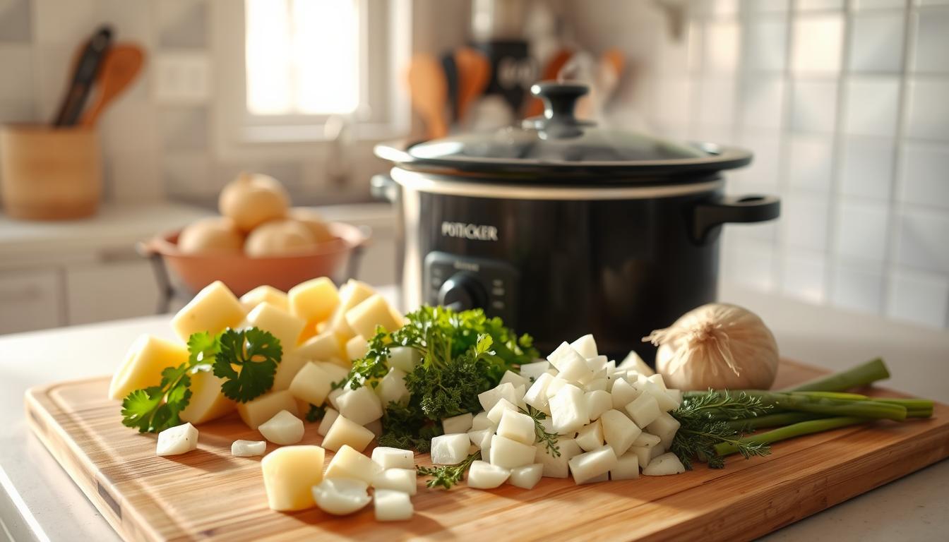 A cozy kitchen scene with a slow cooker simmering on the counter, steam rising from the lid. Surrounding it, an assortment of diced potatoes, onions, celery, and herbs, neatly arranged on a wooden cutting board. Soft, natural lighting filters through a nearby window, casting a warm glow over the scene. The counter is clean and uncluttered, allowing the preparation process to take center stage. A sense of warmth and comfort pervades the atmosphere, hinting at the satisfying, homemade potato soup to come.