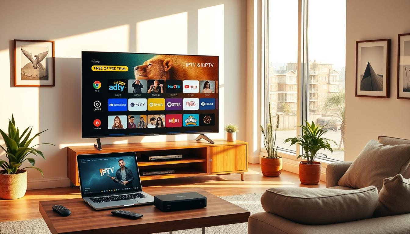 A modern living room with a large flatscreen TV displaying a variety of IPTV channels, along with a laptop, remote control, and streaming device on a minimalist wooden entertainment center. The room is flooded with warm, natural lighting through large windows, creating a cozy and inviting atmosphere. The walls are adorned with minimalist artwork, and potted plants add a touch of nature to the space. The overall scene conveys the convenience and benefits of IPTV streaming services in the UK, with a focus on the free trial offering.