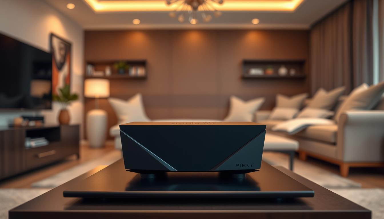 Sophisticated and modern Premium 8k iptv box, sitting prominently on a sleek black entertainment unit. The box has a minimalist, angular design with a matte black finish, accentuated by subtle LED lighting. In the foreground, the device is captured from a low angle, creating a sense of power and importance. The middle ground features a clean, uncluttered living room setting, with warm lighting and neutral-toned furnishings. The background is softly blurred, suggesting a cozy, high-end home environment. The overall mood is one of elegance, technology, and seamless home entertainment.