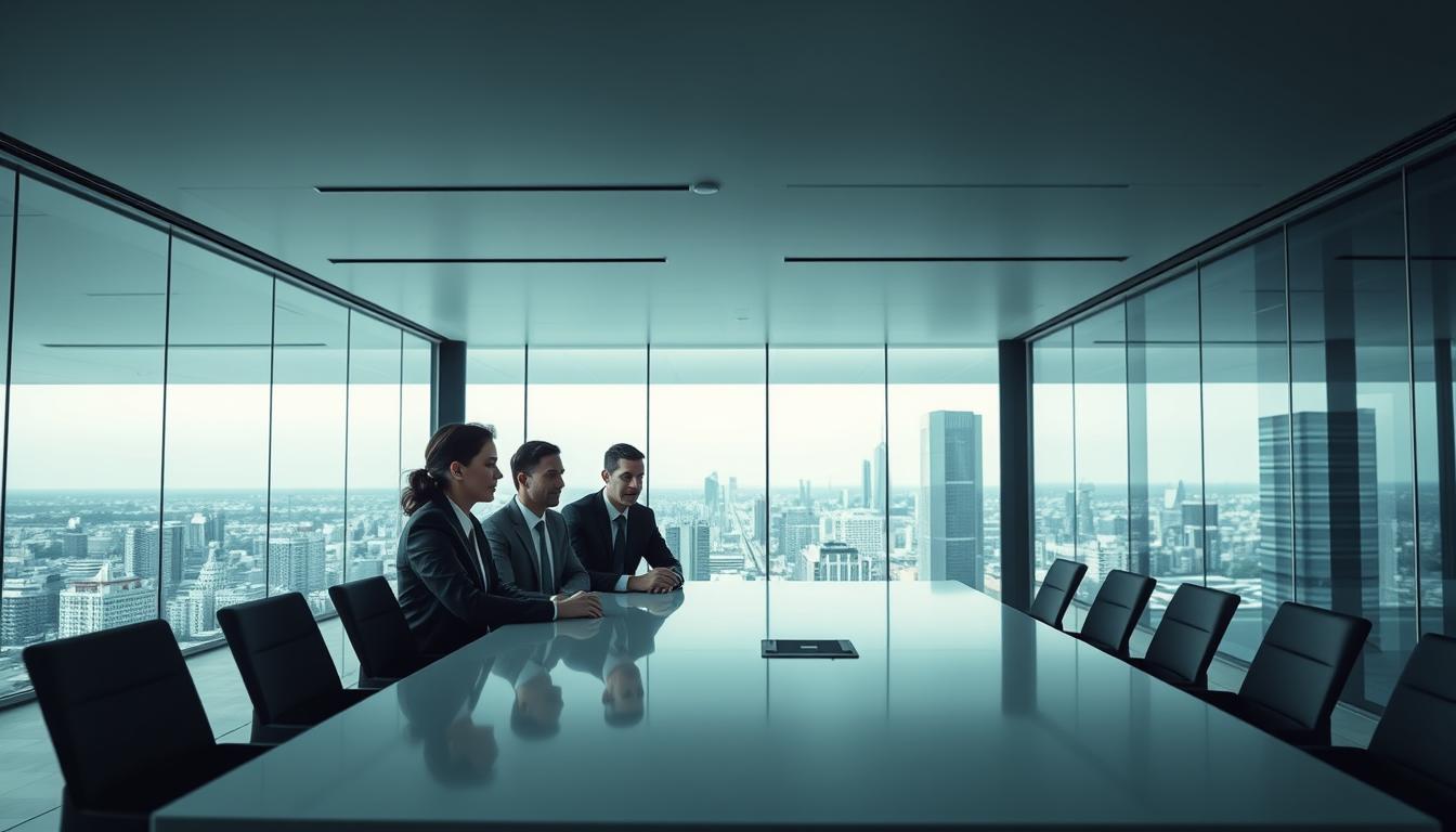 A serene, high-contrast business environment showcasing the unique dynamics of the B2B market. In the foreground, a group of professional executives collaborate around a sleek, minimalist conference table, their expressions earnest as they discuss strategy. The middle ground features a panoramic view of a modern, glass-walled office, its clean lines and muted color palette evoking a sense of efficiency and precision. In the background, the bustling cityscape beyond the windows suggests the broader economic landscape in which this B2B market operates, a complex web of interconnected industries and stakeholders. Subtle lighting accentuates the sharp angles and clean surfaces, creating a sense of focused intensity. The overall composition conveys the specialized, detail-oriented nature of B2B operations, where relationships, expertise, and operational excellence are paramount.
