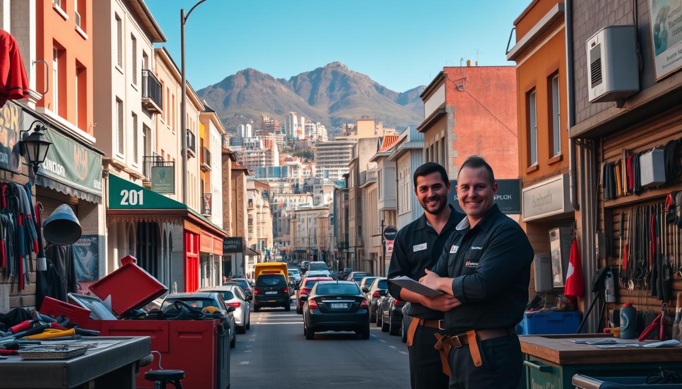 A bustling street in the heart of Cape Town, showcasing the expertise of local handymen and plumbers. In the foreground, a well-equipped workshop with an array of tools and a friendly, knowledgeable team ready to assist. The middle ground features a mix of residential and commercial buildings, reflecting the diverse clientele served by the skilled professionals. The background is a picturesque cityscape, with iconic landmarks like Table Mountain and the V&A Waterfront, creating a sense of local pride and community. The lighting is warm and natural, capturing the vibrant energy of the city. The overall scene conveys the reliability, expertise, and dedication of the handyman plumber Cape Town team.