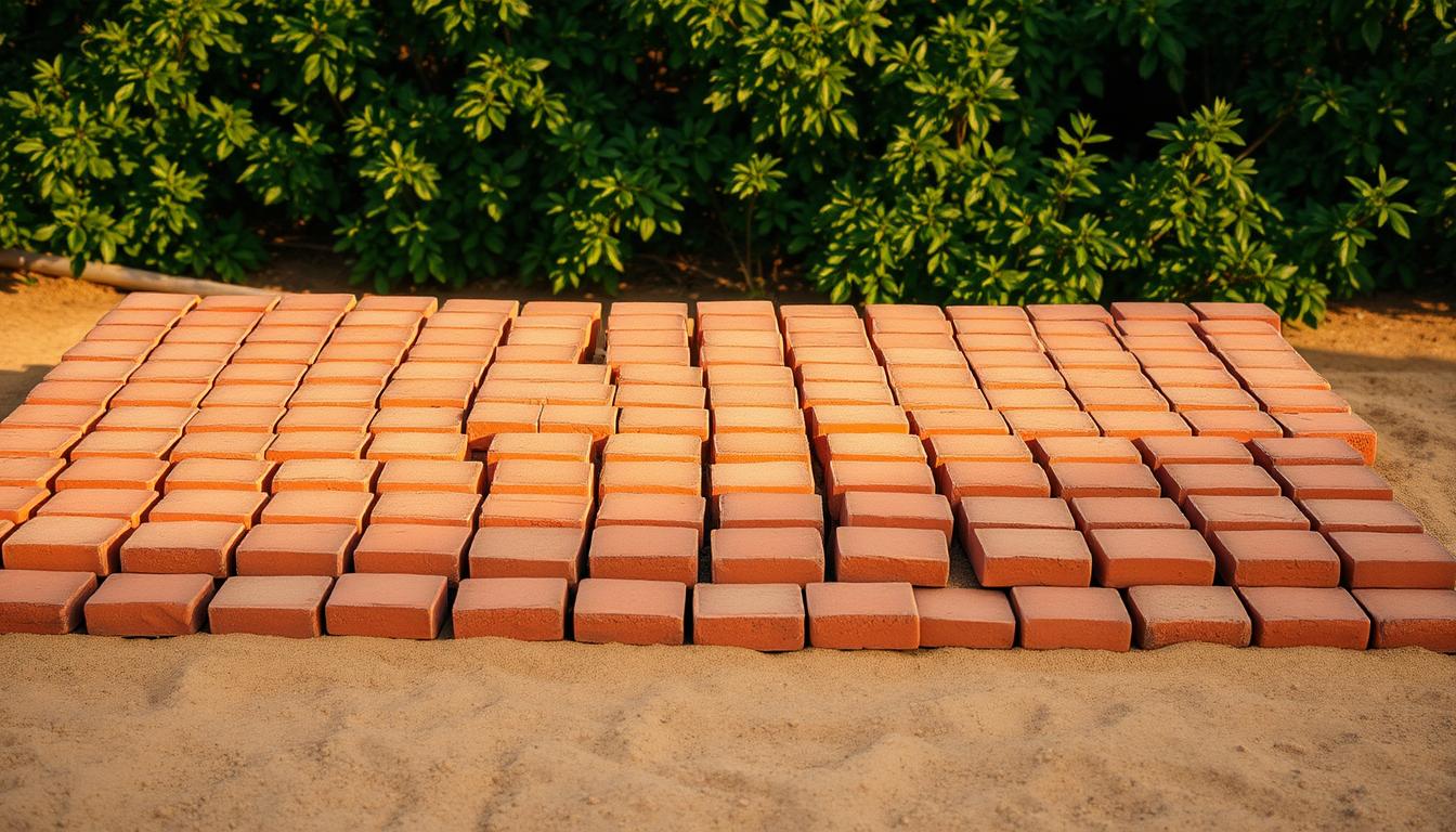A neatly arranged pattern of staggered red bricks, forming a sturdy, level base for an outdoor braai in a rustic, natural setting. The bricks are meticulously laid in an overlapping pattern, creating a visually appealing, textured surface. The middle ground showcases the carefully constructed sand bed, providing a solid foundation for the braai structure. Warm, diffused lighting casts gentle shadows, highlighting the dimensional qualities of the brickwork. The background features lush, verdant foliage, complementing the earthy tones of the brickwork and creating a serene, inviting atmosphere. The overall composition emphasizes the attention to detail and craftsmanship required for a well-built braai structure.