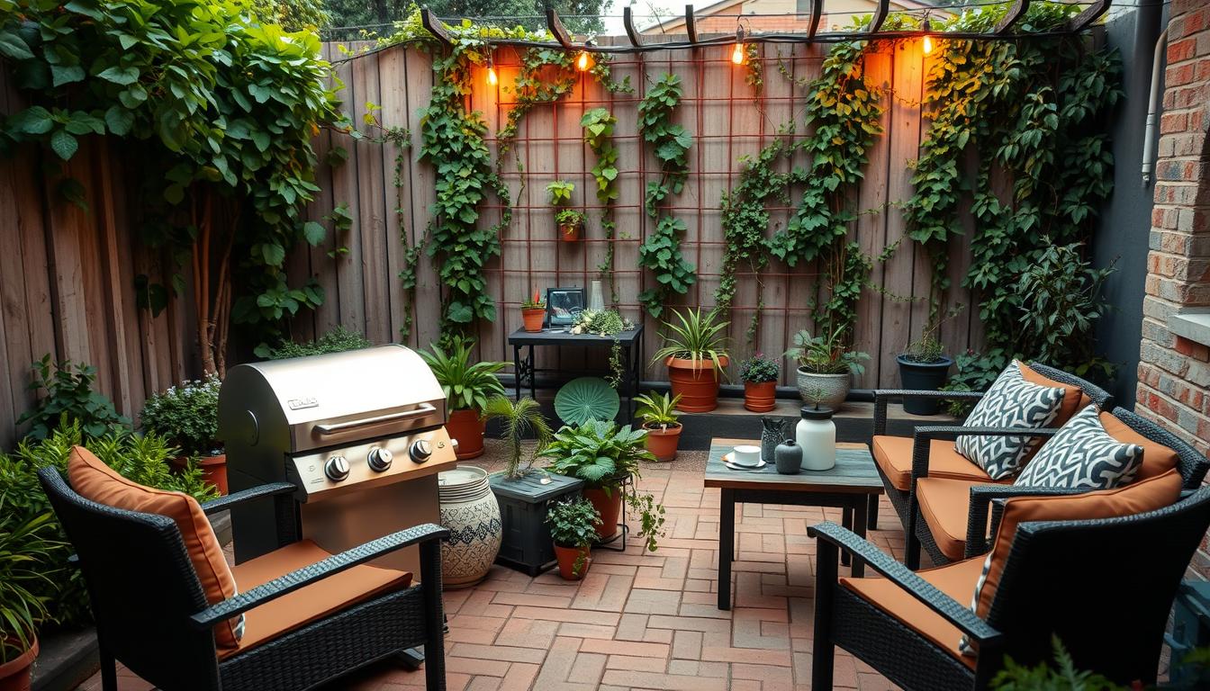 A well-organized outdoor braai layout in a small backyard. In the foreground, a modern, stainless steel braai unit situated on a paved patio area, surrounded by neatly arranged seating options. The middle ground features a mix of lush potted plants, herbs, and a small side table for condiments. In the background, a fence with a trellis supports climbing vines, creating a natural, cozy ambiance. Warm, directional lighting casts a gentle glow, highlighting the textures and materials. The scene conveys a sense of intentional design, functionality, and an inviting atmosphere for intimate backyard gatherings.