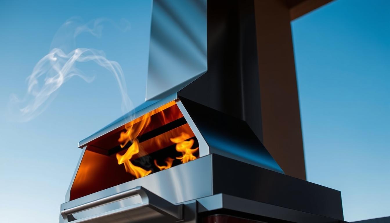 A stainless steel flue pipe rising from a modern gas braai, its polished surface reflecting the warm glow of a crackling fire. The flue cuts a sleek silhouette against a clear blue sky, with wispy white smoke curling up and dissipating into the atmosphere. The braai is situated on a sturdy brick or stone patio, blending seamlessly with the surrounding architecture. Carefully positioned lighting casts dramatic shadows, highlighting the flue's form and the braai's clean, minimalist design. An aura of safety and efficiency emanates from this well-engineered ventilation system, ready to whisk away the byproducts of a successful outdoor cooking session.