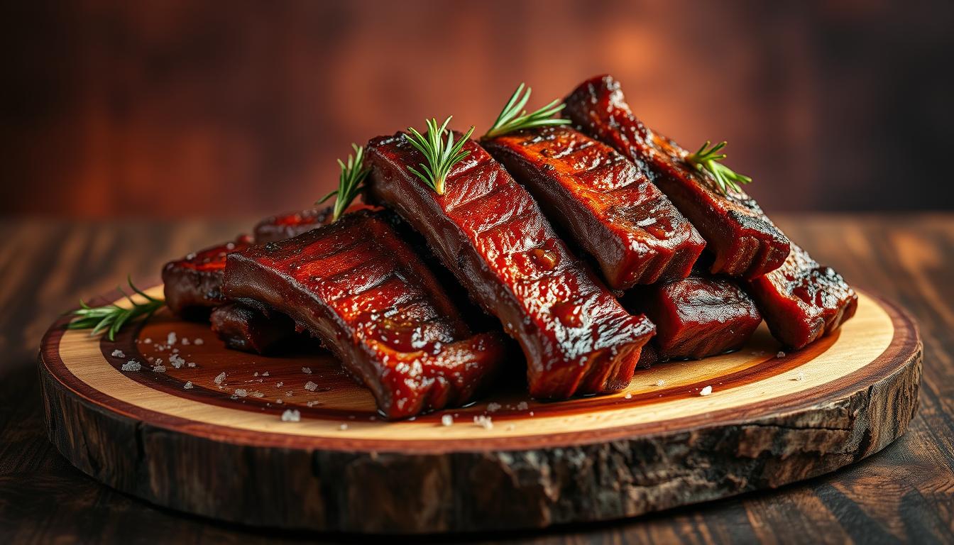 A succulent display of BBQ beef plate ribs, presented on a rustic wooden platter against a backdrop of smoky hues. The ribs, glistening with a caramelized rub, are arranged in an artful, overlapping pattern, revealing their tender, juicy interior. Garnished with fresh sprigs of rosemary and a scattering of coarse salt, the plate exudes an air of rustic elegance. Warm, directional lighting casts dramatic shadows, accentuating the texture of the meat and adding depth to the composition. The overall scene evokes the mouthwatering aroma and satisfying flavors of expertly prepared, BBQ-infused beef plate ribs, primed to be the centerpiece of any sophisticated dining experience.