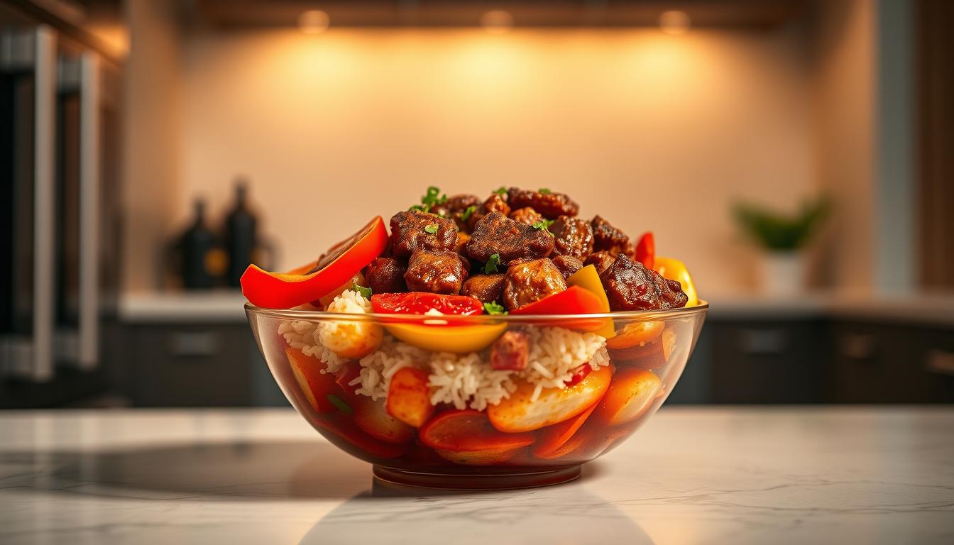 A savory and visually striking beef and pepper rice bowl, simmering with aromatic spices and vibrant colors, takes center stage in a sleek, modern kitchen setting. The bowl is artfully arranged, with tender slices of beef, crisp bell peppers, and fluffy white rice, all bathed in a rich, glistening sauce. Warm lighting casts a cozy glow, highlighting the dish's tempting texture and depth of flavor. The scene conveys a sense of culinary innovation and elevated home-cooked elegance, reflecting the emerging trends of 2025.
