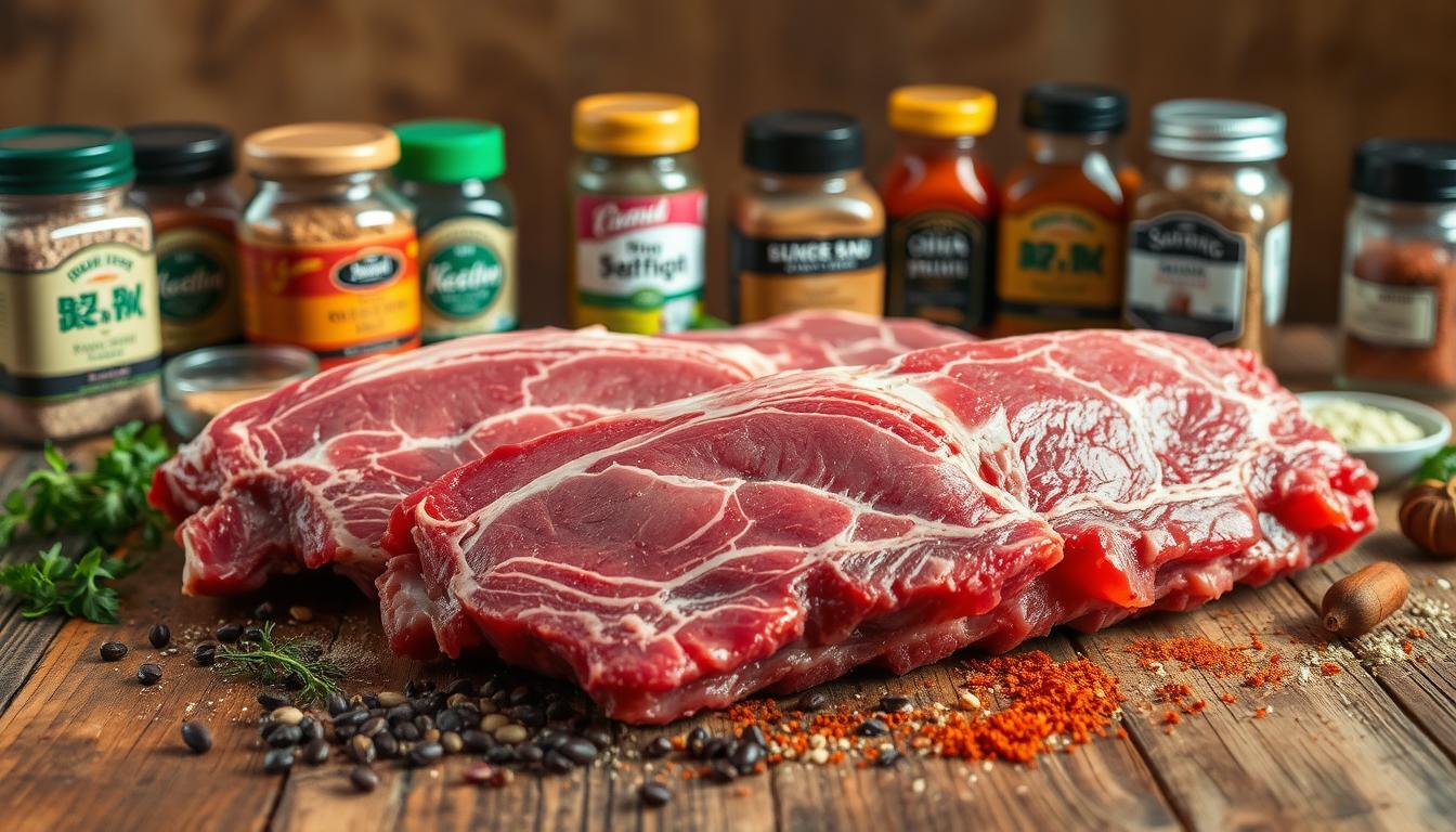 A rustic wooden table, its surface strewn with an array of seasoning jars, spice rubs, and marinades. In the foreground, a selection of beef plate ribs, their marbled texture glistening under warm, directional lighting. Surrounding the ribs, a harmonious blend of fragrant herbs, peppercorns, and aromatic spices, inviting the viewer to imagine the depth of flavor that will emerge from this well-curated collection of seasonings. The background fades into a softly blurred, earthy tone, allowing the vibrant colors and textures of the foreground to take center stage, capturing the essence of the "Beef Plate Ribs Seasonings and Marinades" section of the article.