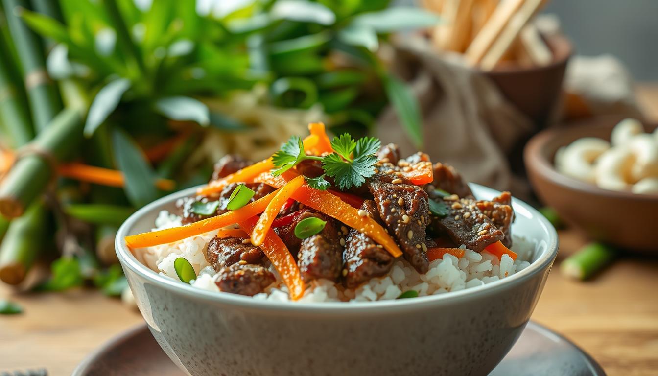 A delectable Asian-inspired rice bowl, bursting with flavors and textures. In the foreground, a steaming bowl of fluffy white rice, topped with tender slices of marinated beef, sautéed bell peppers, and slivers of crisp carrots. Garnished with fresh cilantro, toasted sesame seeds, and a drizzle of savory soy-based sauce. The middle ground features a backdrop of bamboo shoots, water chestnuts, and snow peas, creating a harmonious blend of colors and shapes. Soft, natural lighting casts a warm, inviting glow over the entire scene, capturing the essence of a comforting and nourishing Asian-inspired meal. Captured with a wide-angle lens to showcase the depth and complexity of the dish.
