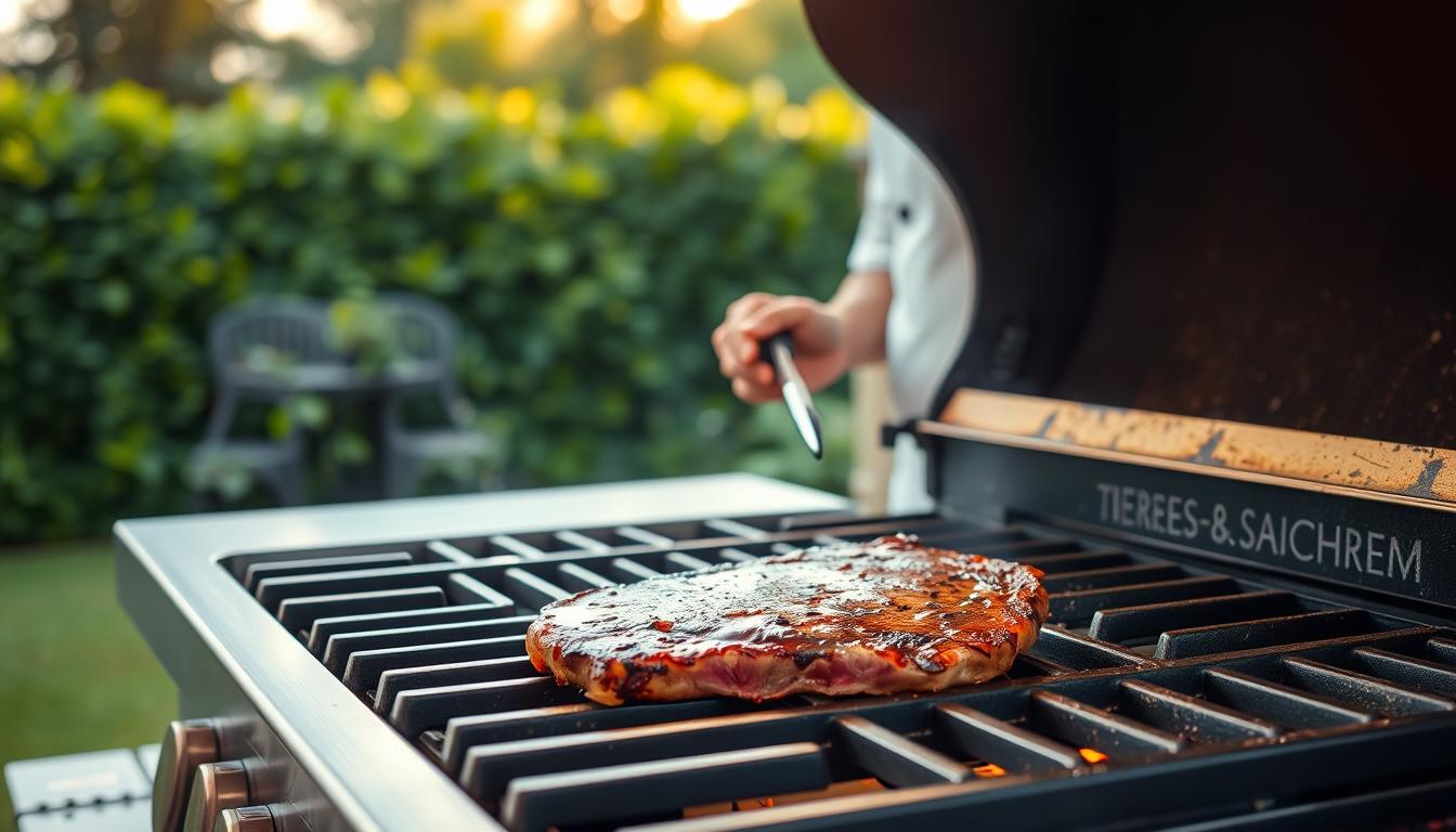 A well-lit outdoor kitchen scene, with a large gas grill in the foreground. On the grill, a juicy teres major steak sizzles, caramelized edges contrasting with the tender pink interior. In the middle ground, a chef in a white apron stands beside the grill, tongs in hand, carefully monitoring the cooking process. The background features lush greenery, perhaps a garden or patio, creating a relaxed, al fresco atmosphere. Soft, warm lighting casts a golden glow over the scene, accentuating the textures of the meat and highlighting the chef's skilled technique. The overall mood is one of expertise, culinary mastery, and the joy of outdoor grilling.