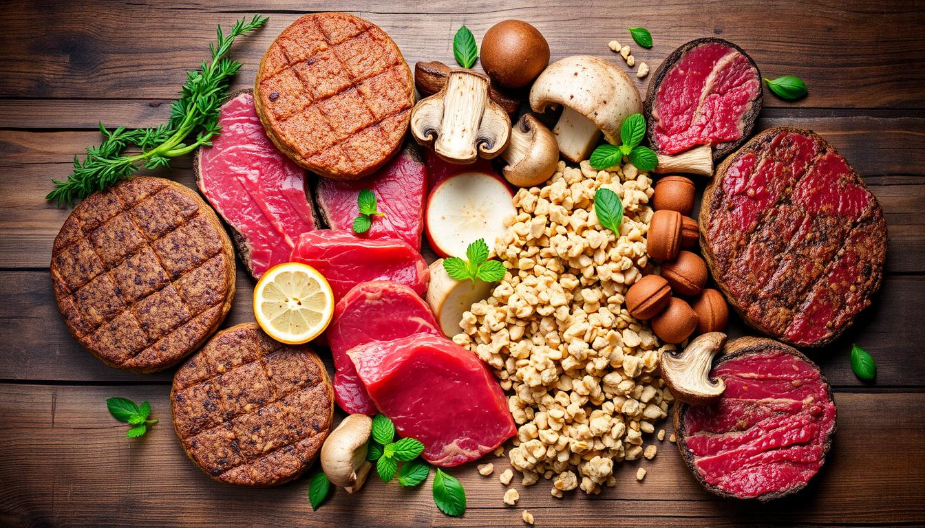 A sprawling arrangement of plant-based protein alternatives, including soy-based burgers, mushroom-based "steak" slices, and grain-based crumbles, arranged on a rustic wooden surface. Soft, diffused lighting illuminates the textures and natural colors of the various substitutes, creating an appetizing and approachable display. The composition suggests a variety of options to replace traditional hanger and skirt steak, with an emphasis on wholesome, sustainable ingredients. The scene conveys a sense of culinary exploration and a commitment to exploring new, meatless possibilities.