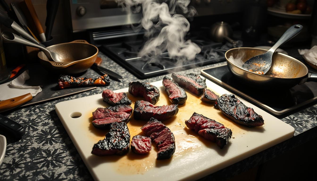 A chef's kitchen counter, cluttered with various cooking utensils and a cutting board. On the board, pieces of hanger and skirt steak lie haphazardly, clearly overcooked and charred around the edges. Smoke billows from a pan on the stovetop, indicating a careless searing attempt. The lighting is harsh, casting deep shadows and highlighting the mistakes. The atmosphere is one of frustration and culinary disappointment. A wide-angle lens captures the entire scene, emphasizing the chaos and the lesson to be learned - the importance of proper technique when handling these delicate, flavorful cuts of beef.
