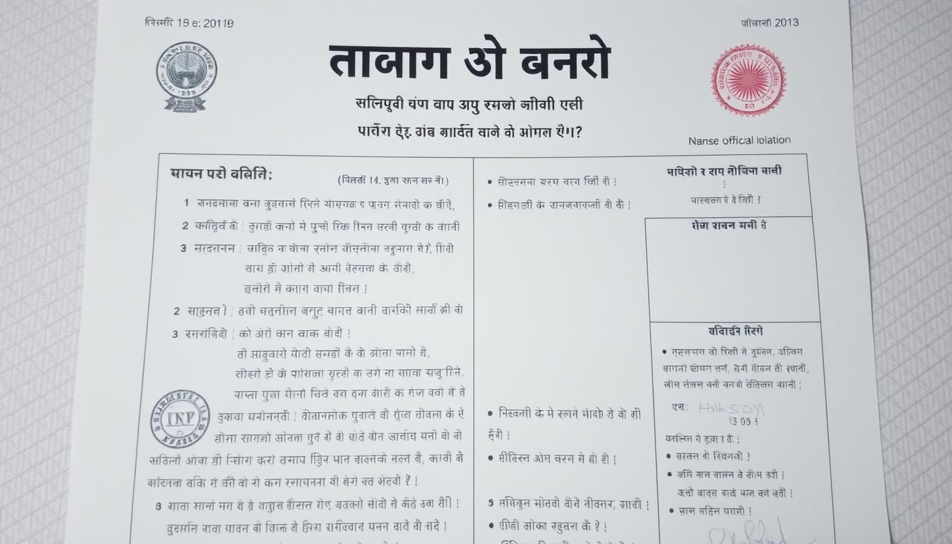 A detailed and neatly organized official document with the title "अस्वीकरण और महत्वपूर्ण निर्देश" prominently displayed at the top. The document should have a clean, professional layout with clear sections and subsections. The foreground should feature the title in a bold, legible font, with subheadings and bullet points outlining the key information. The middle ground should include official seals, stamps, or logos to convey the authoritative nature of the document. The background should depict a subtle, textured backdrop, such as a lightly patterned paper or a muted gradient, to create a sense of depth and formality. The lighting should be soft and even, illuminating the document clearly without harsh shadows. The overall mood should be one of seriousness and attention to detail, reflecting the importance of the subject matter.