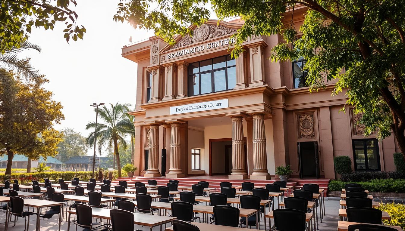 A majestic, modern examination center set against the vibrant backdrop of the Punjabi countryside. The building's striking architectural design features a blend of traditional and contemporary elements, with a prominent entrance adorned with intricate carvings and ornate columns. Lush greenery surrounds the center, creating a serene and welcoming atmosphere. Sunlight streams in through large windows, illuminating the clean, well-organized interior filled with rows of desks and chairs. A sense of focus and diligence permeates the scene, as prospective candidates prepare to take their examinations with determination and discipline.