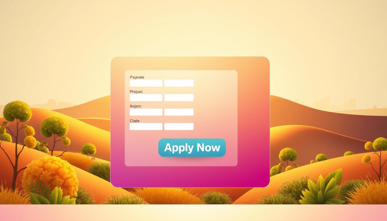 A colorful digital illustration depicting the "Sugarfed Punjab Online Application" process. In the foreground, a vibrant, stylized interface with input fields, dropdown menus, and a prominent "Apply Now" button, all rendered in a clean, modern UI design. The middle ground features an abstract, geometric Punjab landscape with rolling hills and lush vegetation, bathed in warm, golden light. In the background, a faint cityscape silhouette suggests the urban context of the application process. The overall composition conveys a sense of ease, accessibility, and the seamless integration of technology within the local cultural context.