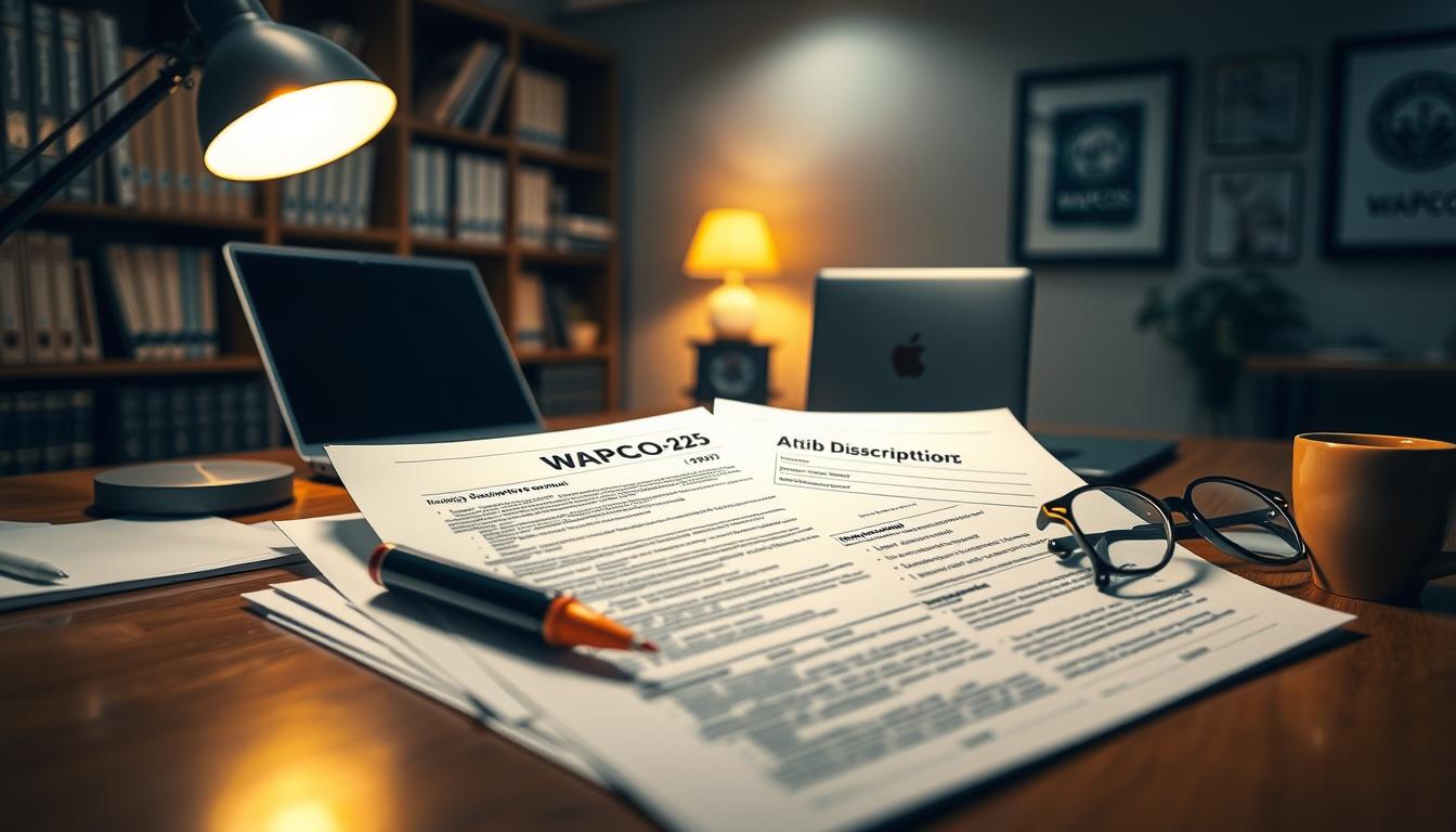 A detailed technical document titled "WAPCOS पद विवरण 2025" against a dimly lit office backdrop. The document is placed on a wooden desk, illuminated by a warm desk lamp casting a soft glow. The foreground has a professional pen, highlighter, and a pair of reading glasses, suggesting an active review process. The middle ground shows a laptop and coffee mug, creating a productive work environment. In the background, bookshelves filled with reference materials and a framed company logo on the wall convey the corporate setting. The overall mood is one of focused diligence, highlighting the careful consideration of the job descriptions for the WAPCOS recruitment in 2025.