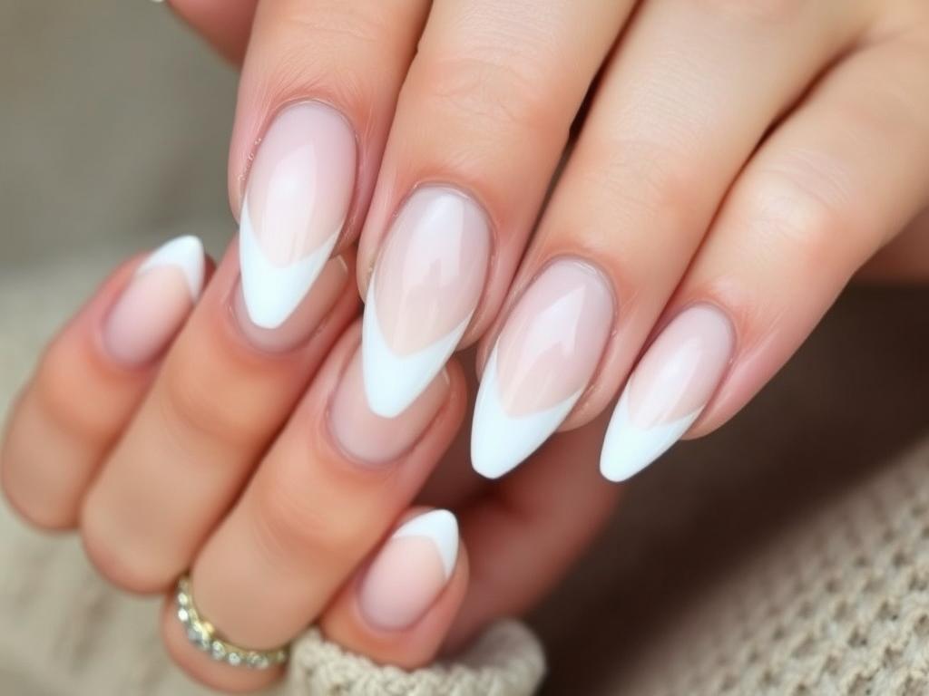 Unhas decoradas em gel amendoada com efeito baby boomer