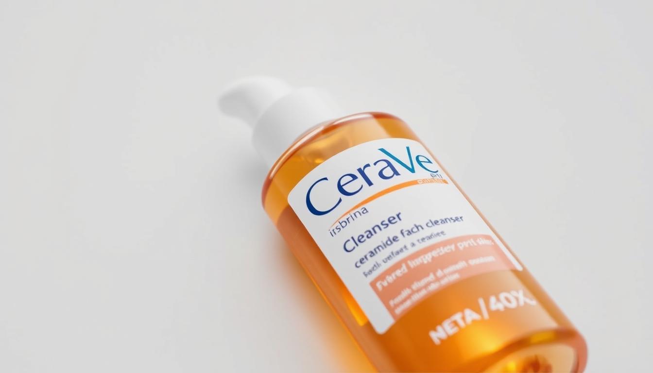 A sleek, minimalist close-up of a CeraVe ceramide-rich facial cleanser bottle, softly lit from the side to highlight the product's texture and glow. The bottle is placed on a clean, white background, allowing the deep amber color of the cleanser to pop. The lighting and composition emphasize the product's premium quality and skin-replenishing properties. The image has a serene, high-end aesthetic that would beautifully complement the article's section on CeraVe's unique formulation.