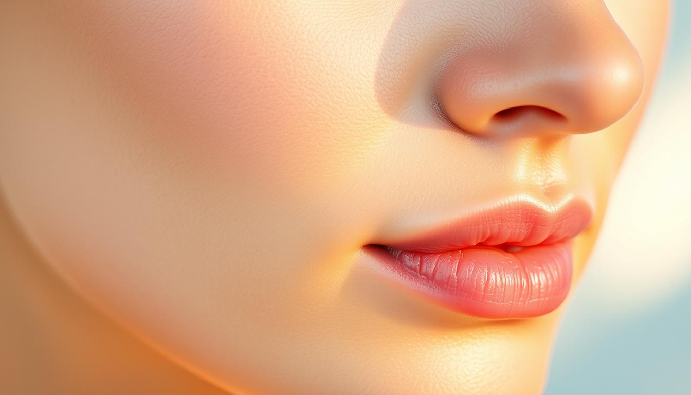 A close-up, hyper-detailed view of healthy, glowing skin on a serene, softly-lit backdrop. Smooth, supple texture with an even, luminous tone. Subtle, natural highlights accentuate the skin's natural contours. Pores are barely visible, and blemishes are non-existent. The skin appears radiant, hydrated, and replenished, conveying a sense of inner and outer wellness. Soft, diffused lighting casts a warm, comforting glow, creating an atmosphere of tranquility and rejuvenation. The image captures the science and essence of healthy, beautiful skin.