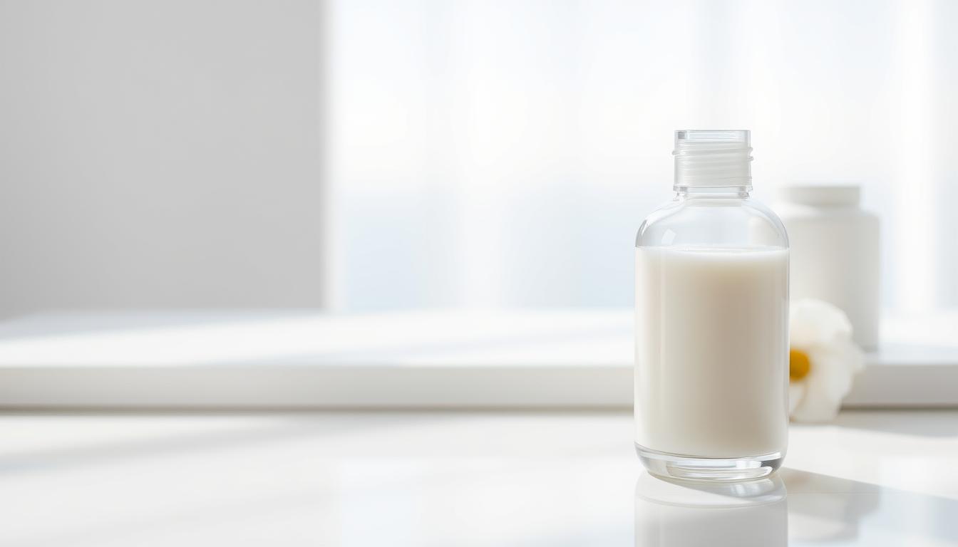 A gleaming, minimalist glass bottle in the foreground, filled with a pearlescent, creamy cleanser. Soft, diffused lighting casts a gentle glow, highlighting the product's luxurious texture. In the middle ground, a clean, white surface serves as a simple backdrop, drawing the viewer's attention to the cleanser's key ingredients - ceramides, highlighted through a subtle, semi-transparent overlay. The background is a softly blurred, calming scene, suggesting a serene, spa-like atmosphere, evoking a sense of relaxation and self-care. The overall composition conveys the science-backed, yet indulgent nature of the ceramide-rich cleanser, aligning with the subject's focus on CeraVe's skincare philosophy.