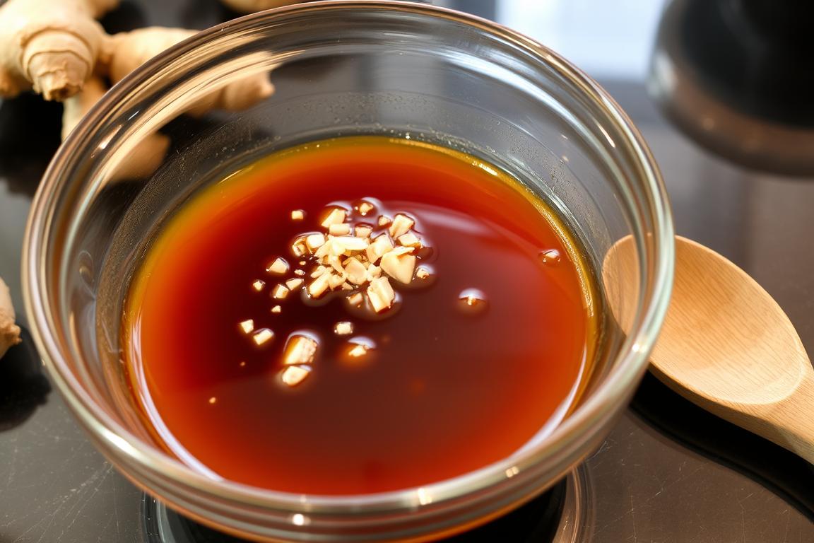 A glass bowl filled with a glistening soy-ginger glaze, its rich amber hue reflecting the warm overhead lighting. Freshly grated ginger and minced garlic mingle, their aromas wafting through the air. The glaze's surface is smooth and shimmering, with a slight viscosity that suggests the perfect consistency for basting and coating. In the background, a sleek black countertop provides a sophisticated backdrop, while a wooden spoon rests nearby, ready to stir and combine the flavors. The overall scene conveys a sense of culinary mastery and the promise of a delectable Asian-inspired dish.