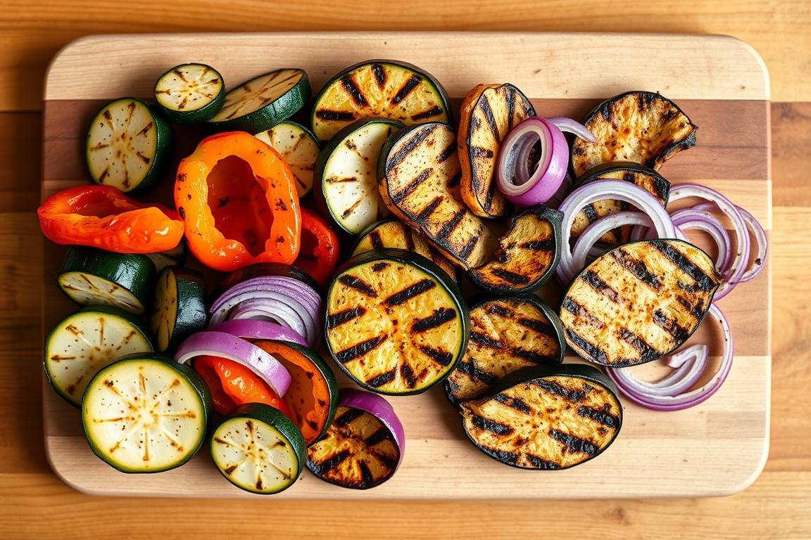 A well-lit, top-down view of a wooden cutting board showcasing an arrangement of freshly grilled vegetables. An assortment of zucchini, bell peppers, eggplant, and red onion slices, each with charred edges and grill marks, are carefully placed on the board, creating a visually appealing and textured display. The background is slightly blurred, allowing the vibrant colors and textures of the grilled produce to take center stage. The lighting is warm and natural, casting soft shadows and highlighting the caramelized edges of the vegetables. The overall mood is one of rustic simplicity, inviting the viewer to imagine the delicious flavors and aromas of the perfectly grilled vegetables.