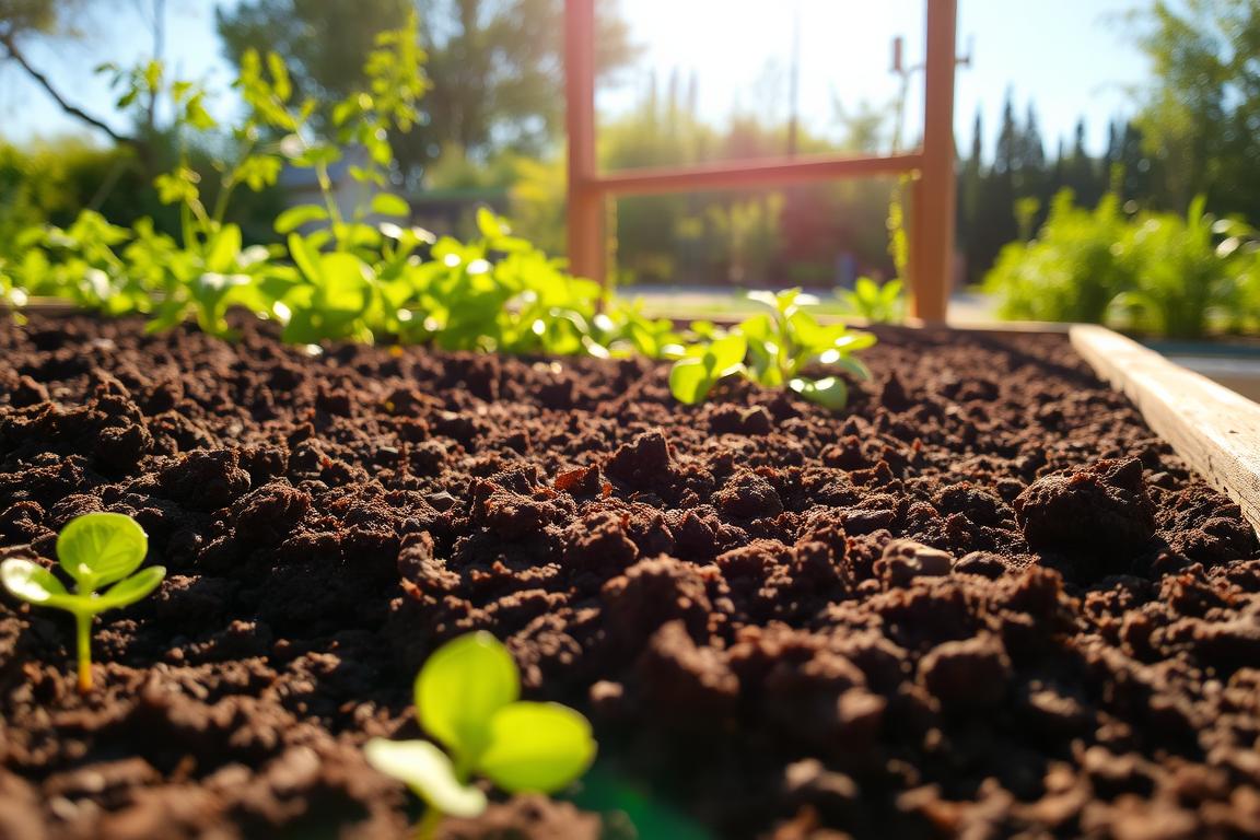 A well-organized raised garden bed, filled with a rich, loamy soil mix. In the foreground, the soil is dark and crumbly, revealing a blend of organic compost, peat moss, and vermiculite. Sunlight filters through the scene, casting a warm, golden glow. The middle ground showcases a variety of healthy, vibrant plants thriving in the custom soil, their leaves gently swaying. In the background, a wooden frame supports the raised bed, surrounded by lush greenery and a clear, blue sky. The overall atmosphere is one of abundance, vitality, and the promise of a bountiful harvest.