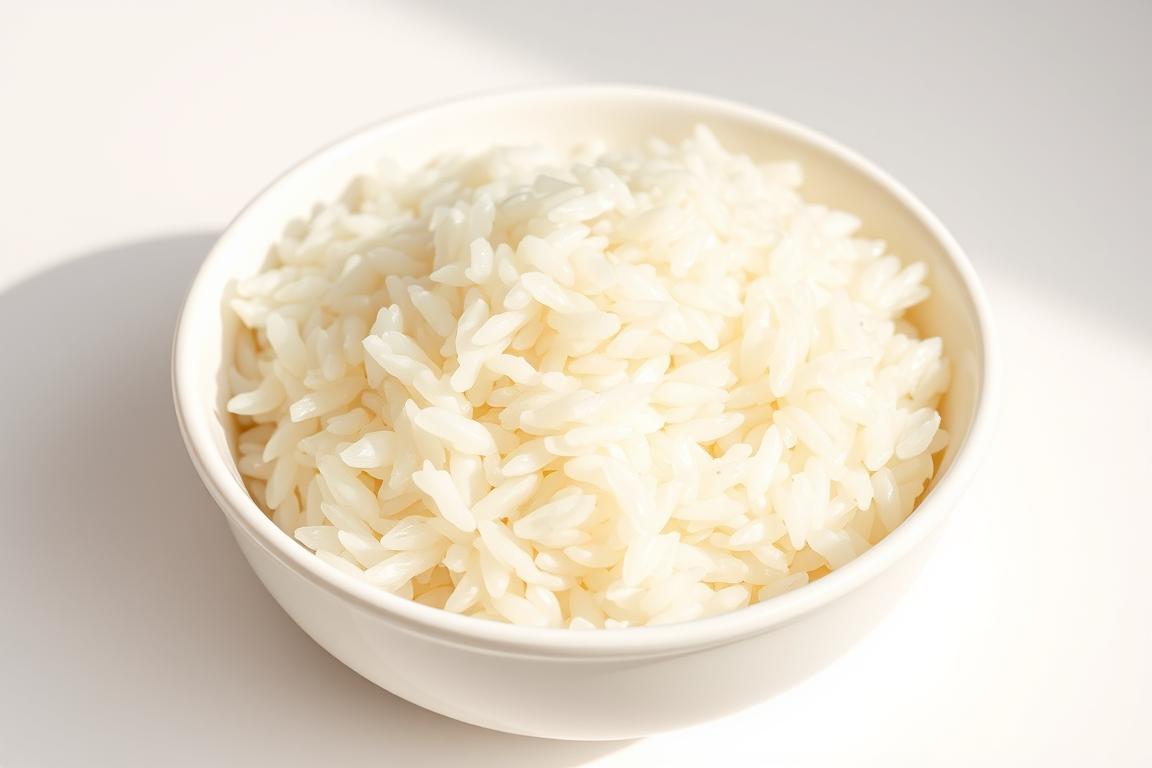 A delicate side serving of fragrant white rice, gently steamed to perfection. Nestled in a simple white ceramic bowl, the grains glisten under soft, natural lighting that casts a warm, inviting glow. The rice is neatly arranged, with each grain distinct yet cohesive, ready to complement the main dish. The bowl is set against a plain, neutral background, allowing the simple elegance of the rice to take center stage. This image captures the essence of a versatile, wholesome accompaniment, perfect for enhancing the flavors of a delicious chicken-based meal.
